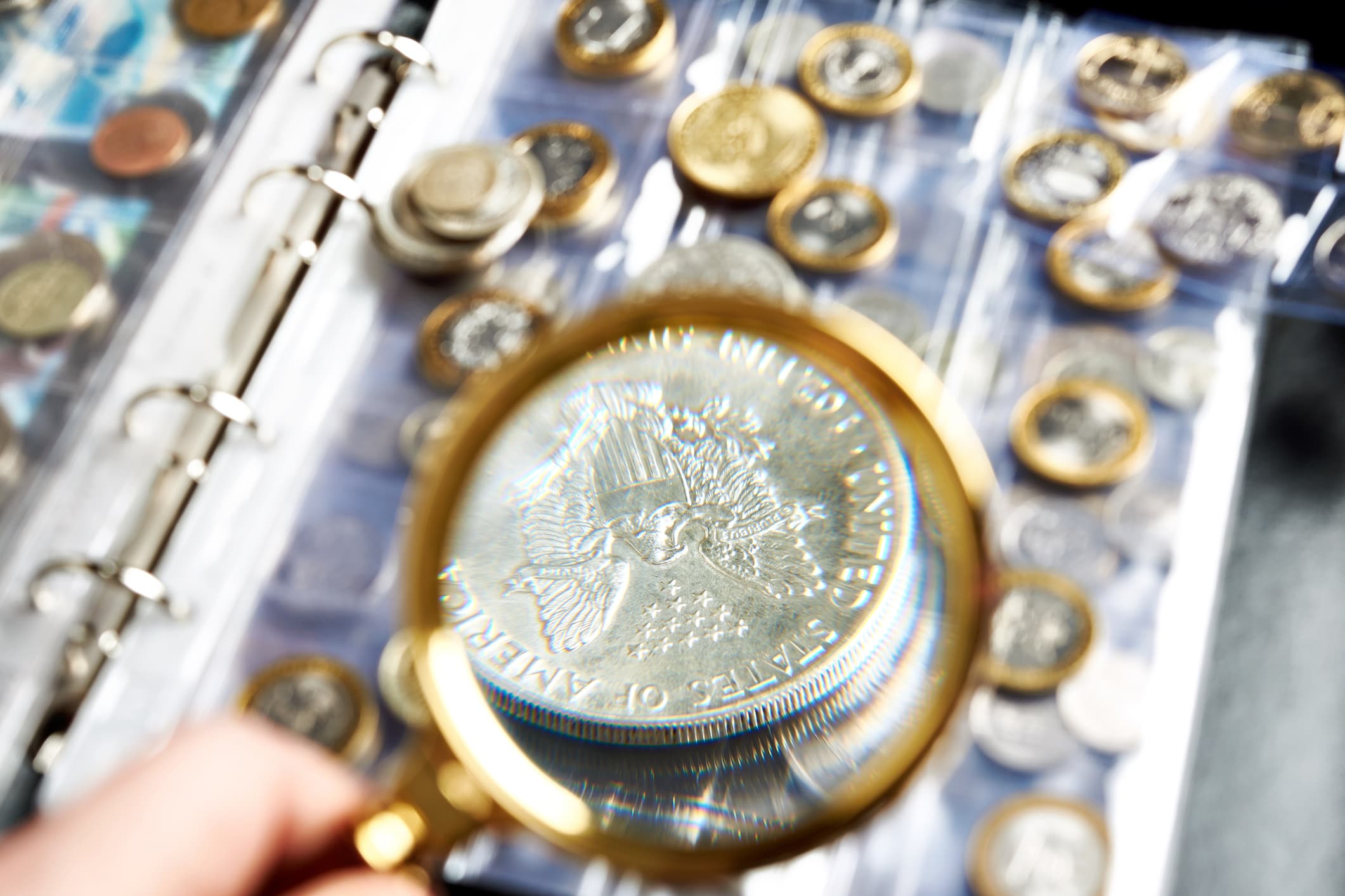 Coins being examined